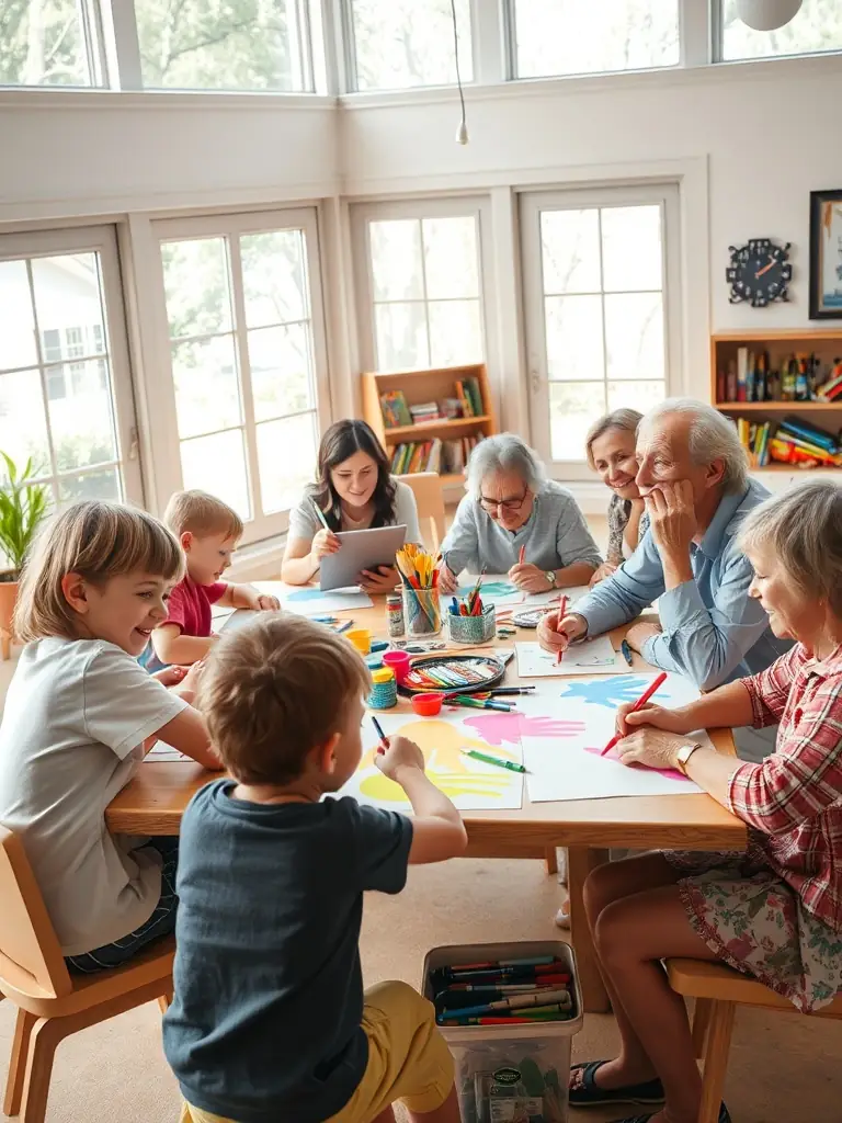 Participants of various ages working together on an art project, showcasing creativity and collaboration. The setting is bright and inspiring, reflecting the artistic focus of TEAM C's cultural programs.