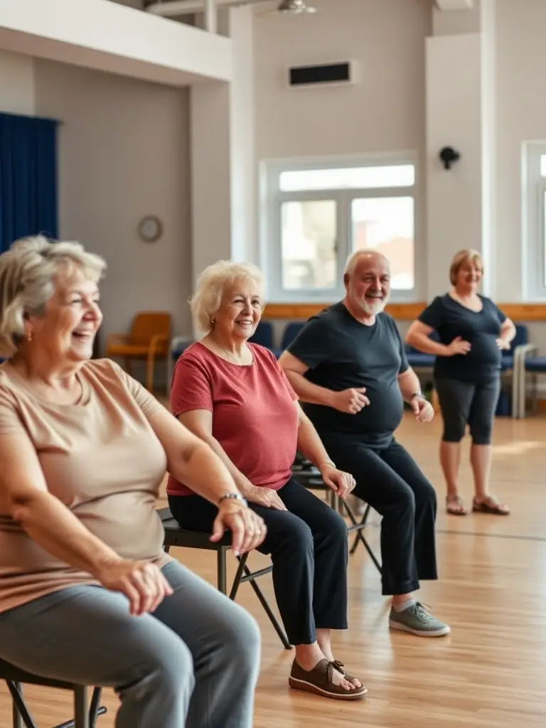 A group of seniors participating in a gentle exercise class, emphasizing health and well-being. The setting is calm and supportive, reflecting TEAM C's commitment to accessible activities for all ages.