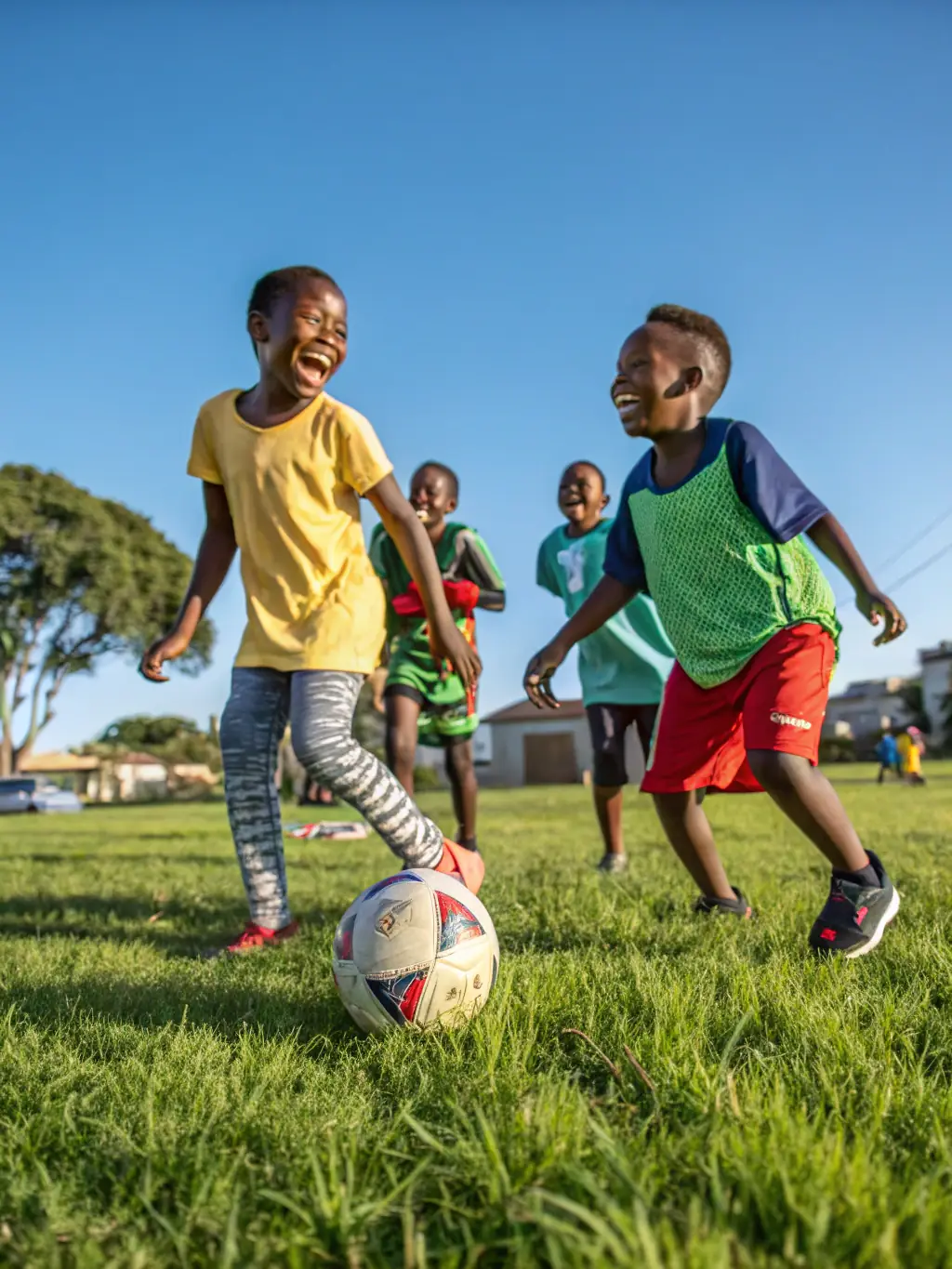 A vibrant image of children participating in a newly launched soccer program, showcasing teamwork and active engagement, set against a sunny outdoor backdrop.