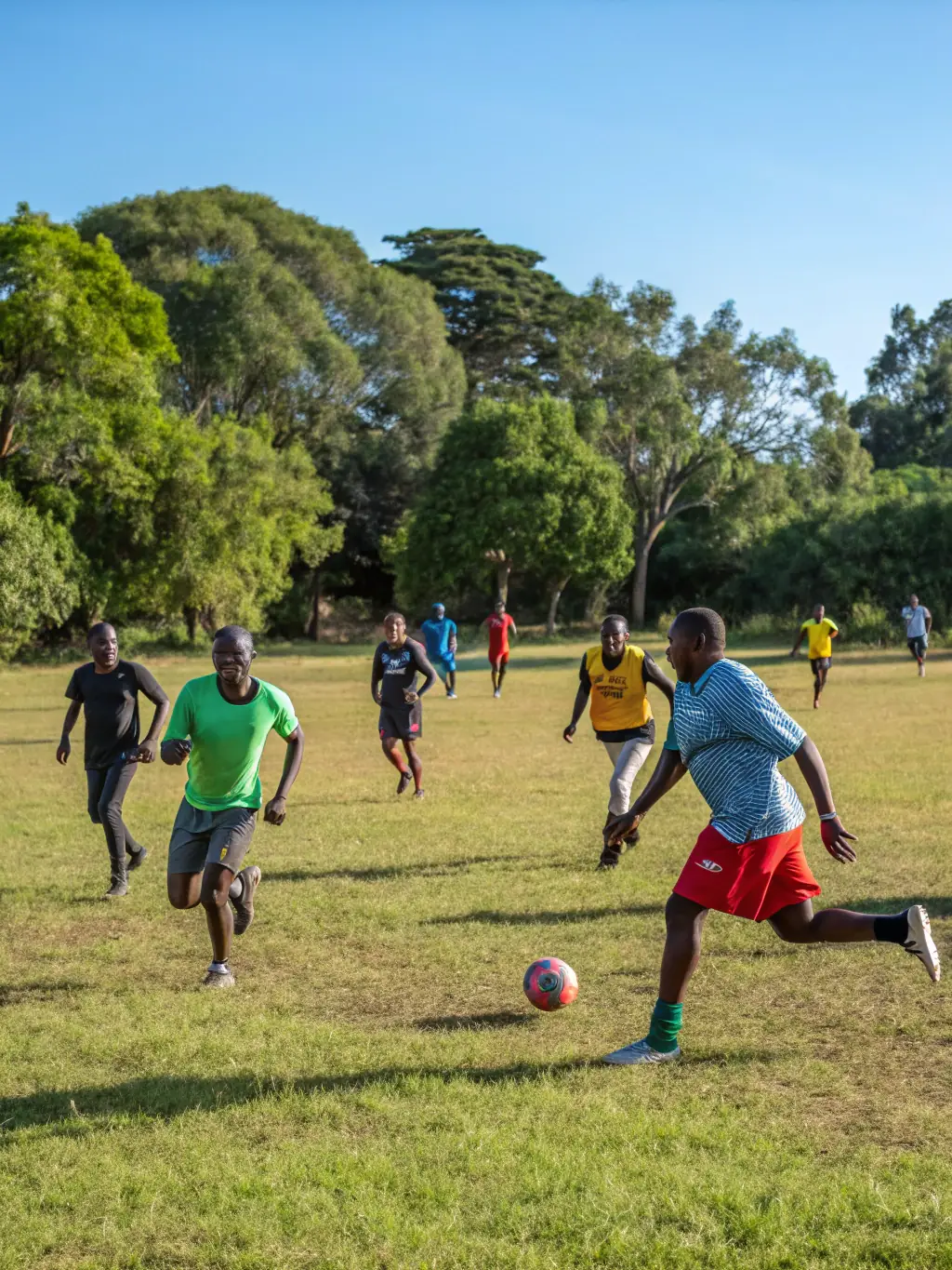 A vibrant photograph capturing a group of participants engaged in a lively outdoor sports event organized by TEAM C, showcasing teamwork and community spirit.