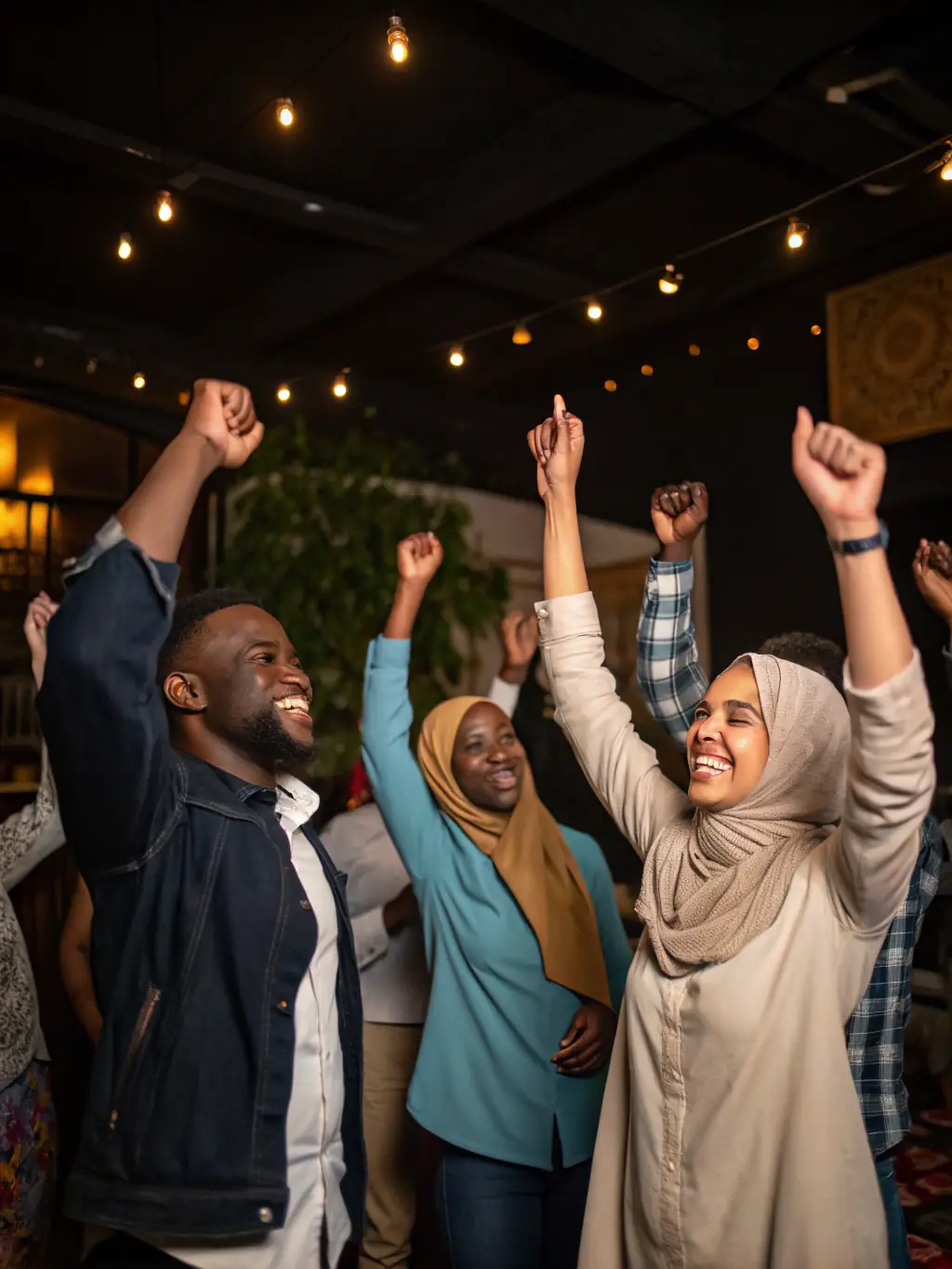 A diverse group of people celebrating a shared achievement in a cultural event, showcasing inclusivity and community spirit.