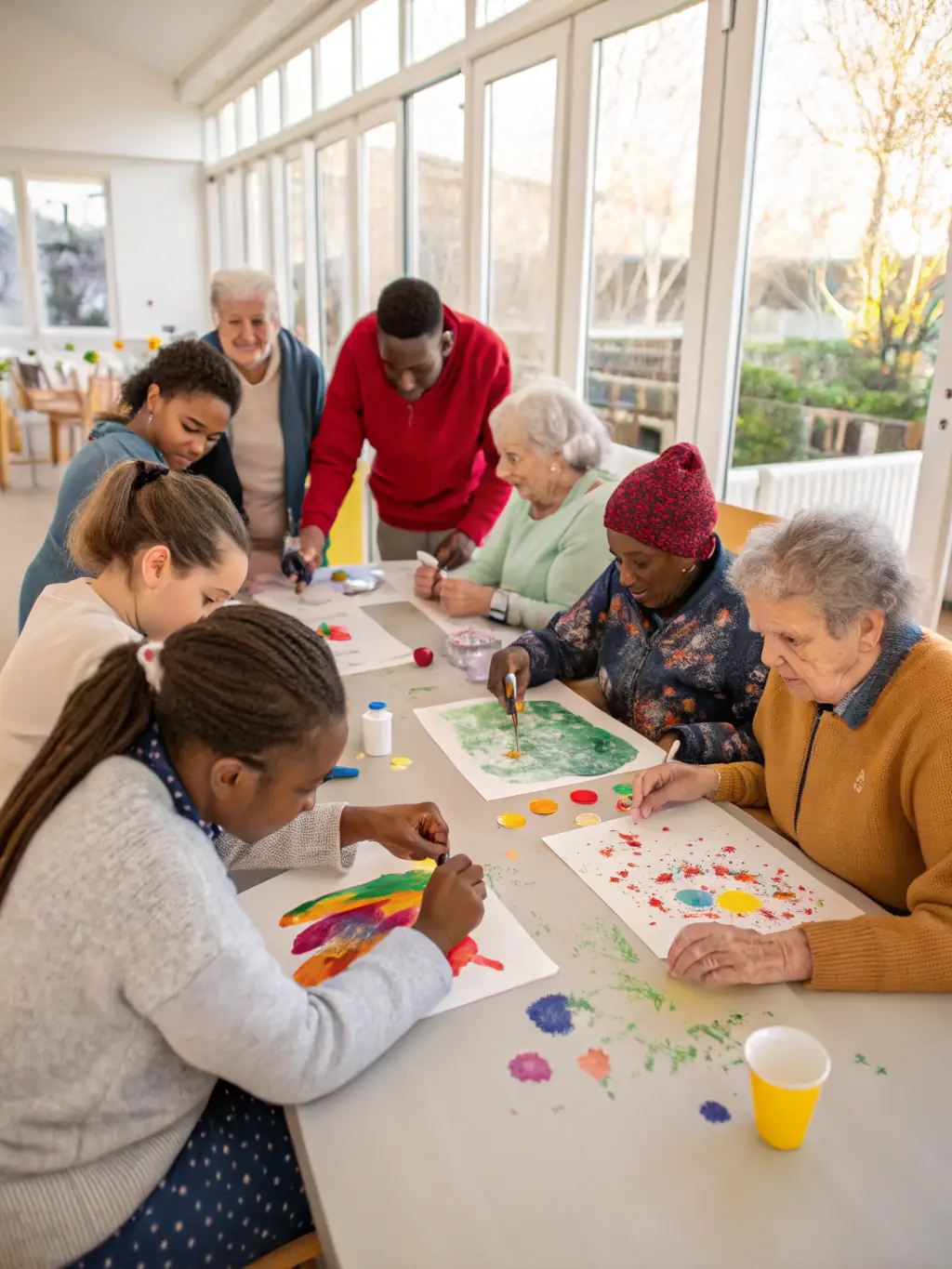 An inspiring image of a diverse group of individuals creating artwork during a TEAM C-sponsored art therapy session, promoting mental well-being and creative expression.