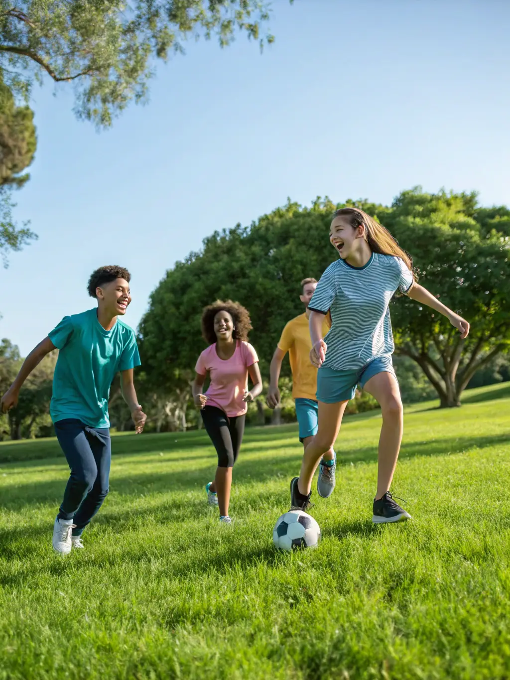 A vibrant image of a group participating in a soccer game organized by TEAM C, showcasing teamwork and physical activity.