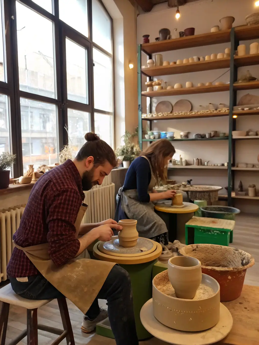 An image of adults attending a pottery class, highlighting creativity and community interaction, with participants smiling and focused on their projects.