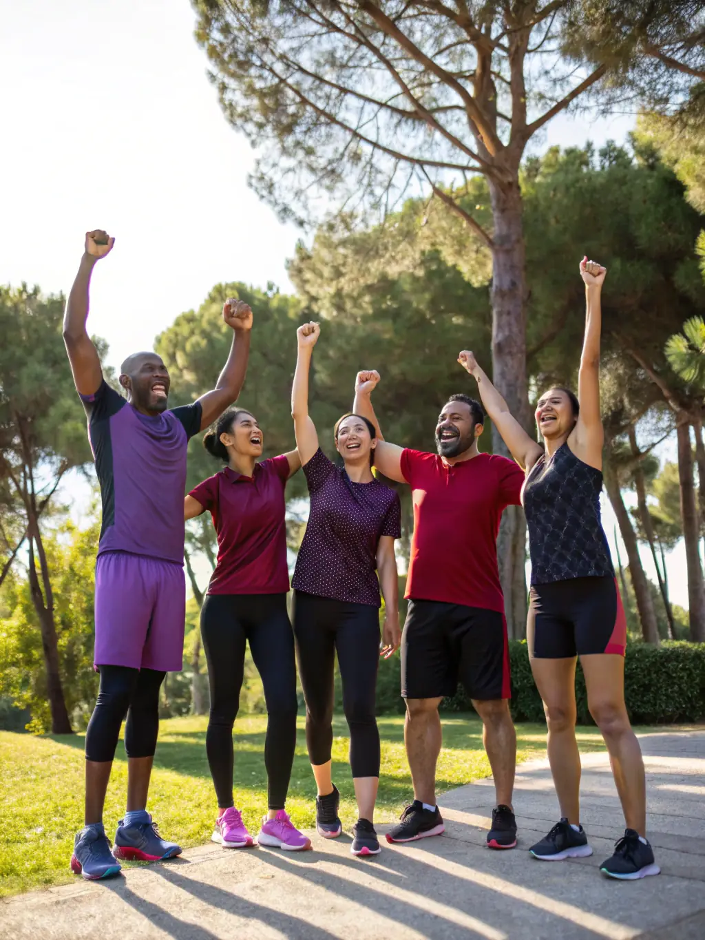 A group of diverse individuals laughing and supporting each other during a team-based sports activity, emphasizing camaraderie and fun.