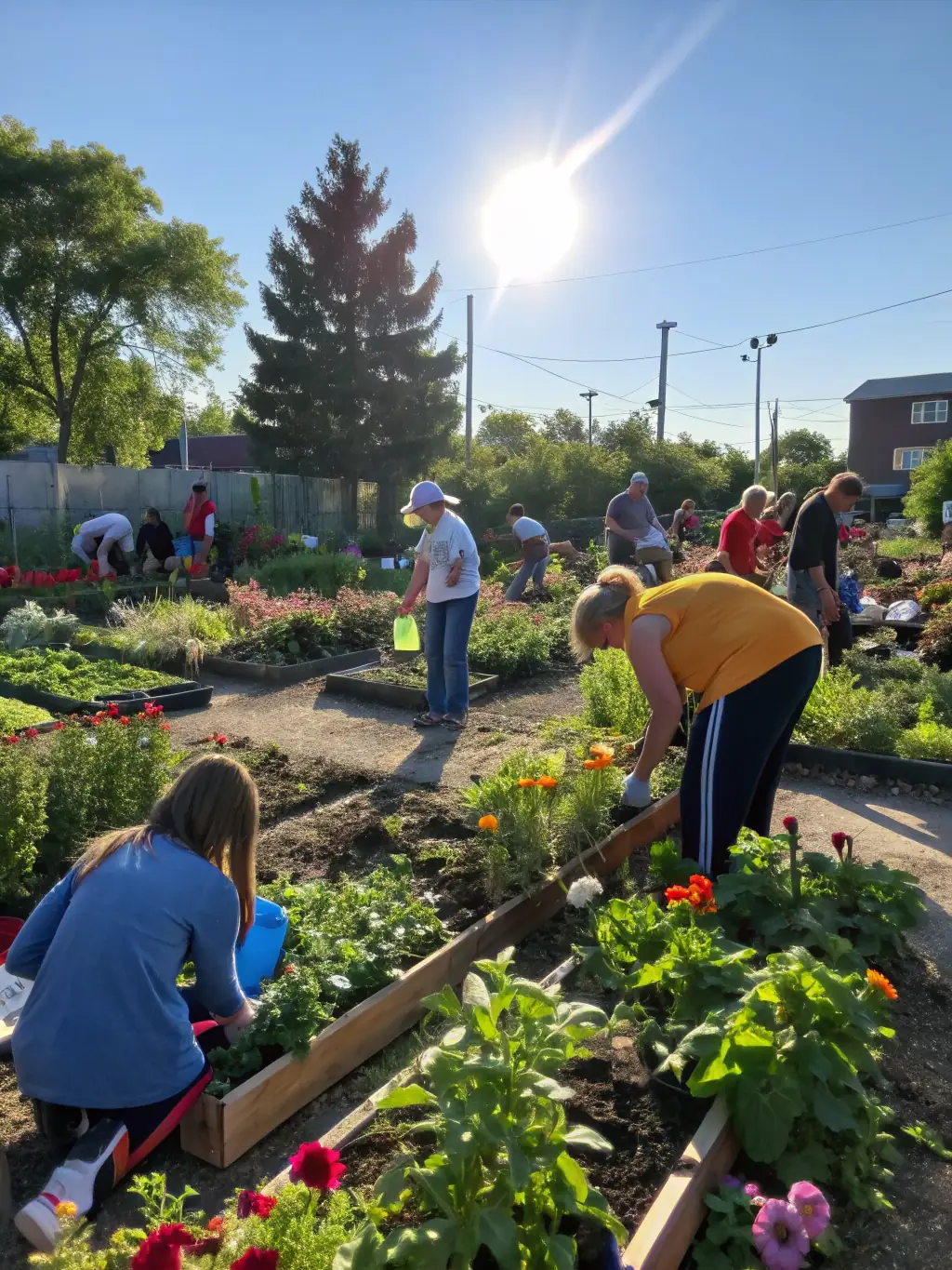 A photo of a group volunteering at a local community garden, emphasizing environmental stewardship and community involvement, with diverse participants working together.