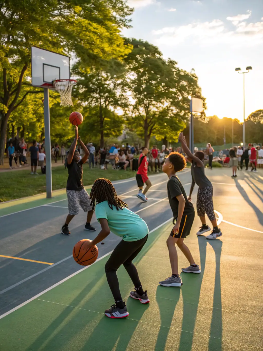 A dynamic photo capturing participants of all ages engaged in a basketball training session led by TEAM C coaches, emphasizing teamwork and physical fitness.