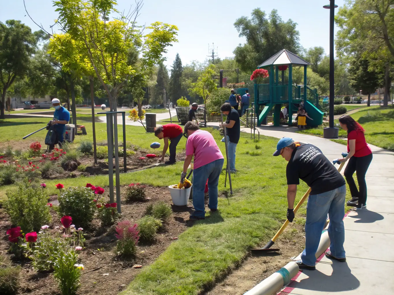 A heartwarming image of volunteers and participants working together on a TEAM C community project, such as a park cleanup, a fundraising event, or a social gathering, emphasizing collaboration and support.