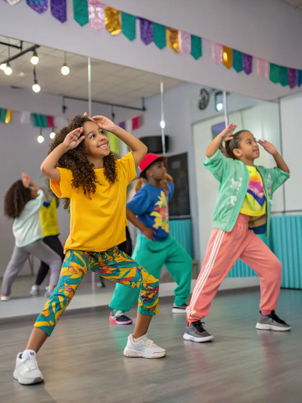 A vibrant image showcasing a group of children participating in a traditional French folk dance workshop organized by TEAM C, highlighting cultural engagement and community involvement.