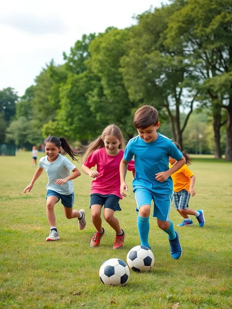 A group of children playing soccer in a park, with a coach guiding them. The scene is filled with energy and laughter, emphasizing the fun and active environment of TEAM C's sports programs.