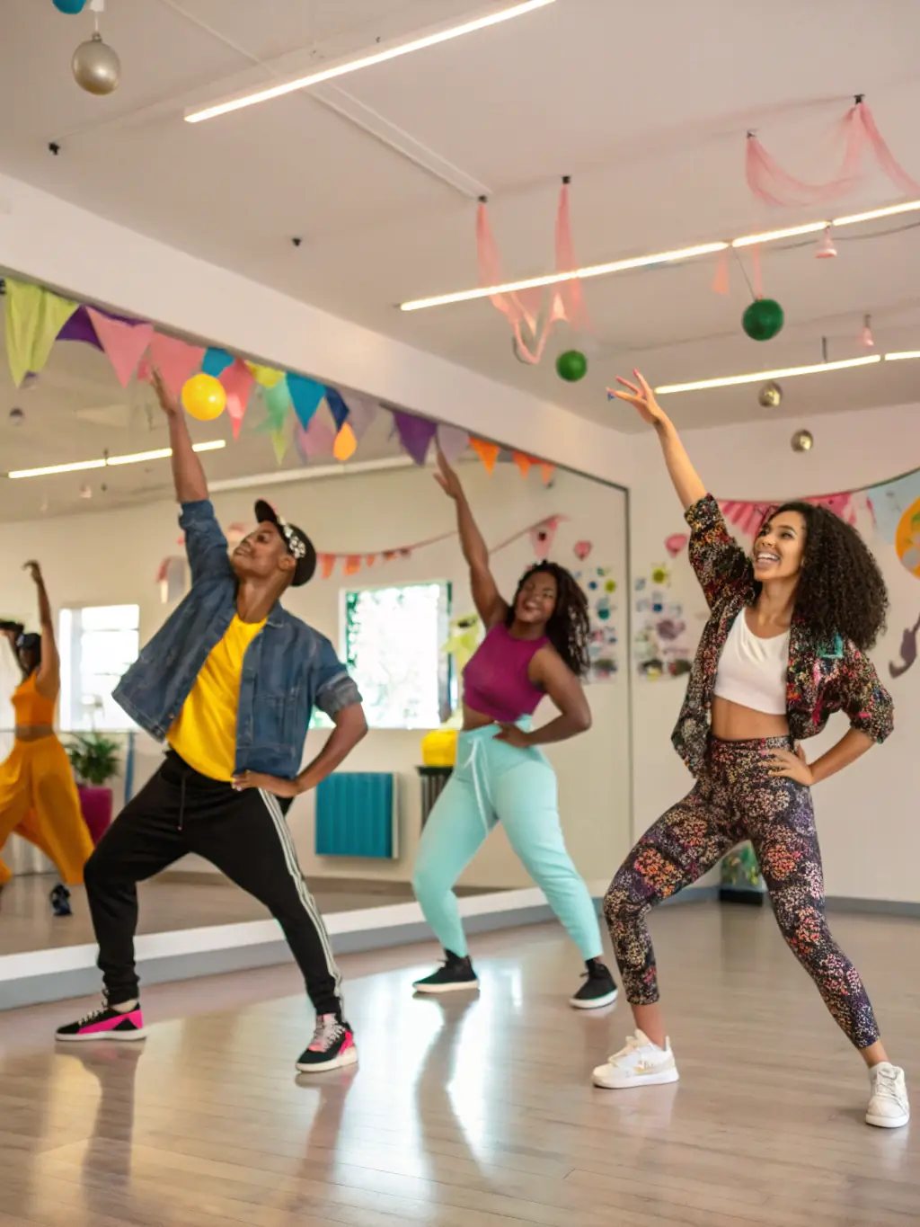 A dynamic image of participants in a dance workshop, showcasing movement and cultural expression, with diverse individuals learning and enjoying the activity.